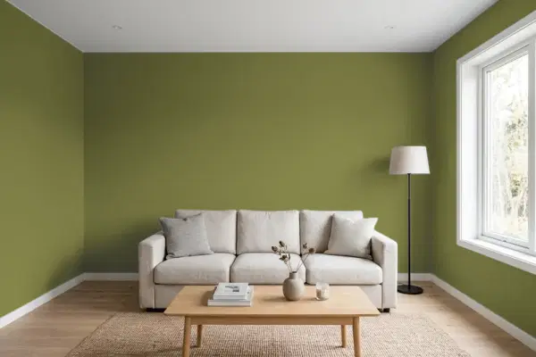 Living room with walls painted Sherwin-Williams Relentless Olive SW 6425 (simulated)