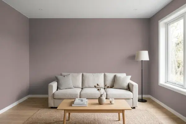 Living room with walls painted Sherwin-Williams Renwick Heather SW 2818 (simulated)