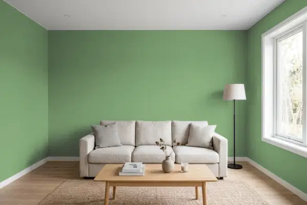 Living room with walls painted Sherwin-Williams Reseda Green SW 9040 (simulated)