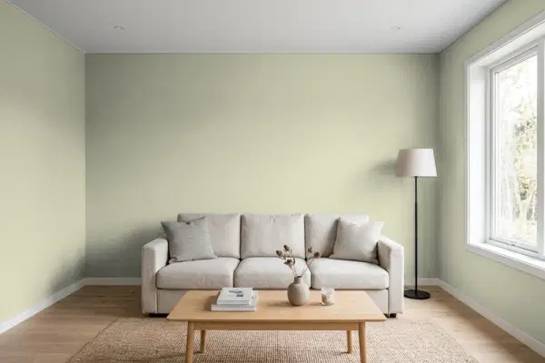 Living room with walls painted Behr Restful 400F-4 (simulated)