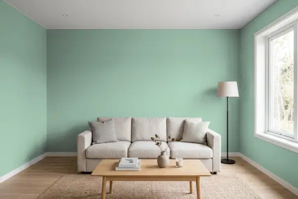 Living room with walls painted Sherwin-Williams Restful SW 6458 (simulated)