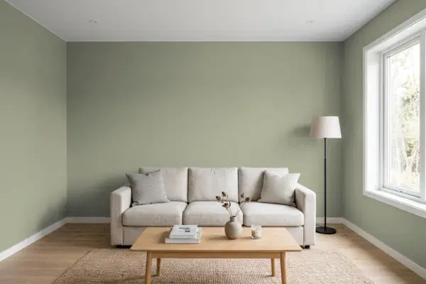 Living room with walls painted PPG Paints Restoration 1031-4 (simulated)