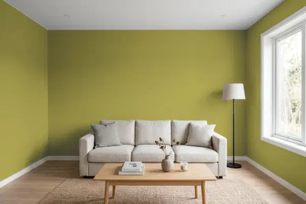 Living room with walls painted Behr Retro Avocado PPU9-03 (simulated)