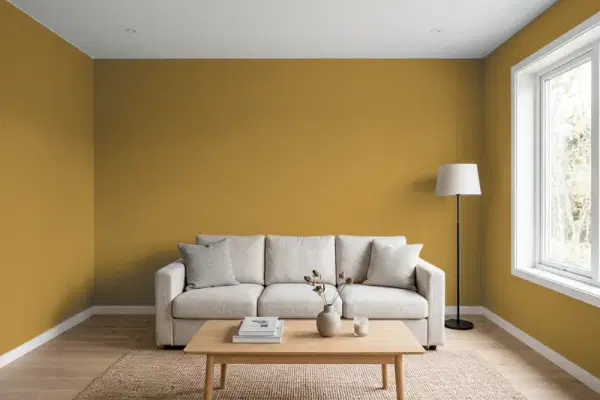 Living room with walls painted Behr Retro Gold M300-7A (simulated)