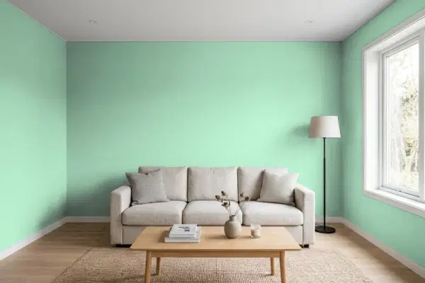 Living room with walls painted Sherwin-Williams Retro Mint SW 9036 (simulated)