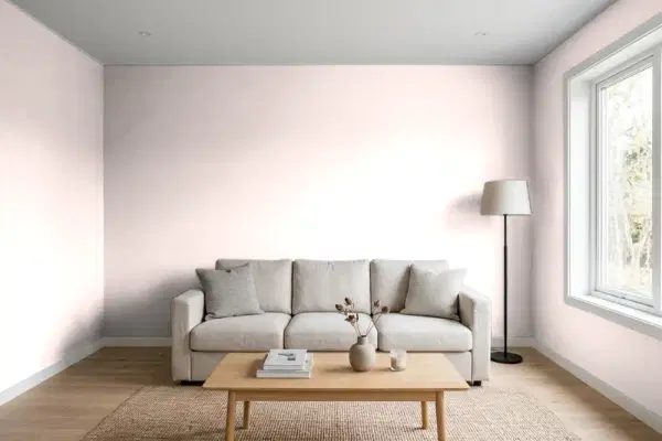 Living room with walls painted Behr Reverie Pink 170E-1 (simulated)