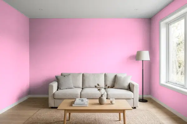 Living room with walls painted Benjamin Moore Rhododendron 2079-50 (simulated)