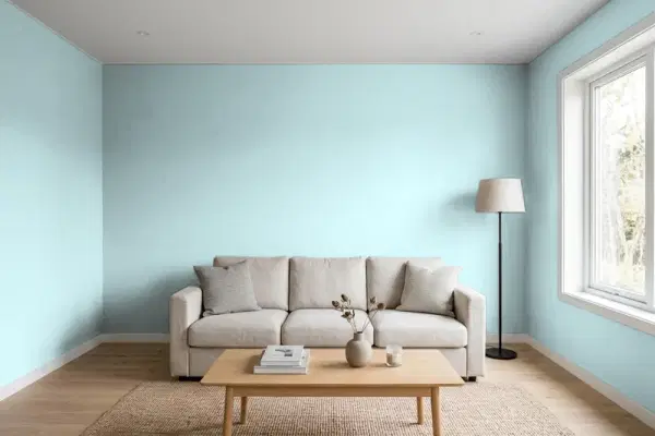 Living room with walls painted Behr Rhythmic Blue 510E-2 (simulated)