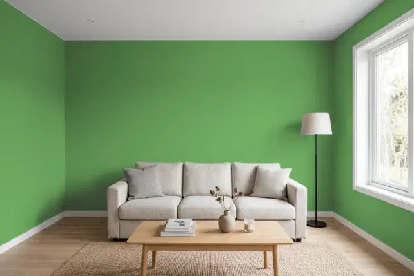 Living room with walls painted Benjamin Moore Richmond Green 553 (simulated)