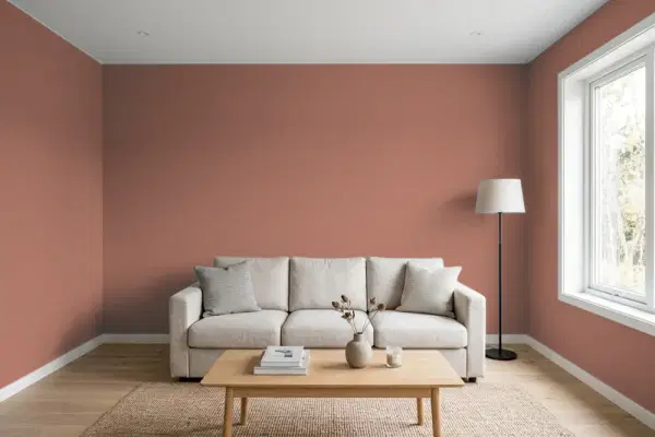 Living room with walls painted Valspar Rio Grande Mud 2005-7A (simulated)