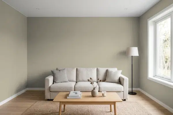 Living room with walls painted Benjamin Moore River Gorge Gray 1537 (simulated)