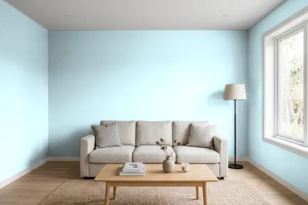 Living room with walls painted Valspar River Mist 5003-9A (simulated)