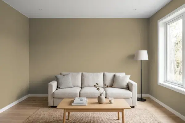 Living room with walls painted Sherwin-Williams River Reed SW 9534 (simulated)