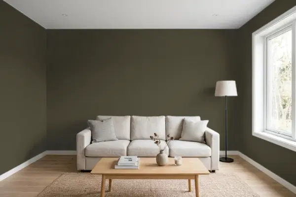 Living room with walls painted Benjamin Moore River Rock 2139-10 (simulated)