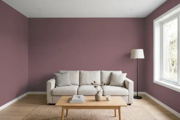 Living room with walls painted Sherwin-Williams River Rouge SW 6026 (simulated)