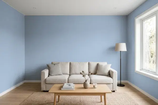 Living room with walls painted Behr River Valley 580F-4 (simulated)