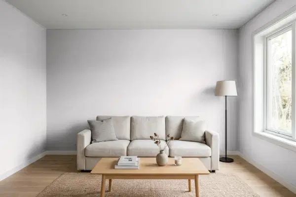 Living room with walls painted Behr Rock Crystal MQ3-28 (simulated)