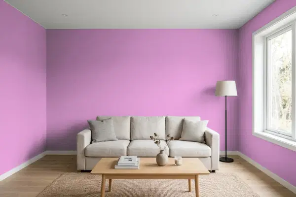 Living room with walls painted Behr Rock Star Pink P110-4 (simulated)