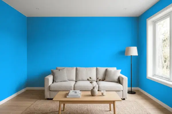 Living room with walls painted Benjamin Moore Rocky Mountain Sky 2066-40 (simulated)