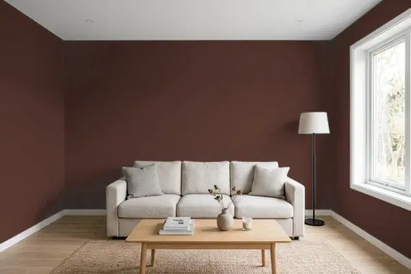 Living room with walls painted Sherwin-Williams Rojo Marrón SW 9182 (simulated)