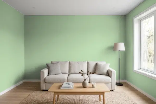 Living room with walls painted Valspar Rolling Glen 5007-5C (simulated)