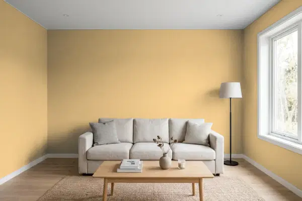 Living room with walls painted Behr Romanesque Gold PPU6-15 (simulated)