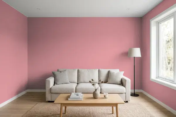 Living room with walls painted Valspar Romantic Rose 1008-5C (simulated)