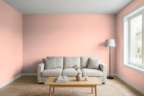 Living room with walls painted Benjamin Moore Romantica 045 (simulated)