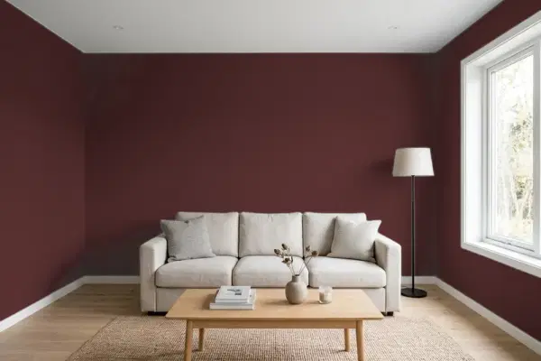 Living room with walls painted Sherwin-Williams Rookwood Dark Red SW 2801 (simulated)