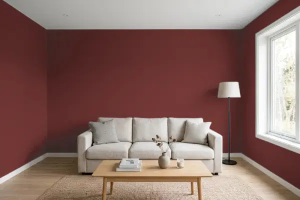 Living room with walls painted Sherwin-Williams Rookwood Red SW 2802 (simulated)