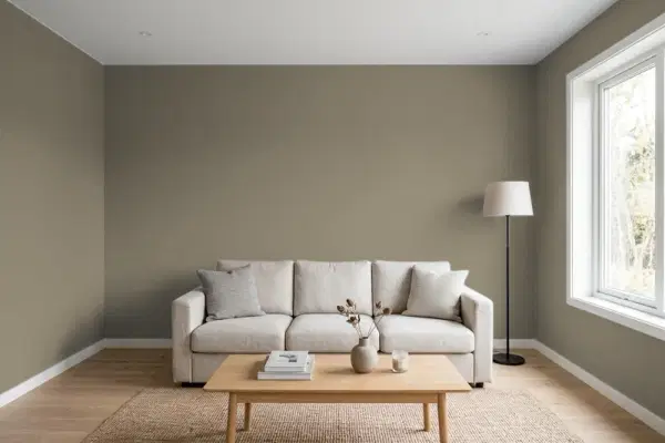 Living room with walls painted Benjamin Moore Roosevelt Taupe 1539 (simulated)