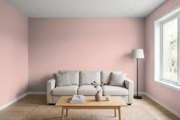Living room with walls painted Benjamin Moore Rose Bisque 2102-50 (simulated)