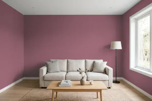 Living room with walls painted Behr Rose Garland 100D-6 (simulated)