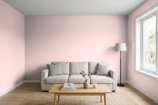 Living room with walls painted Benjamin Moore Rose Lace 1254 (simulated)