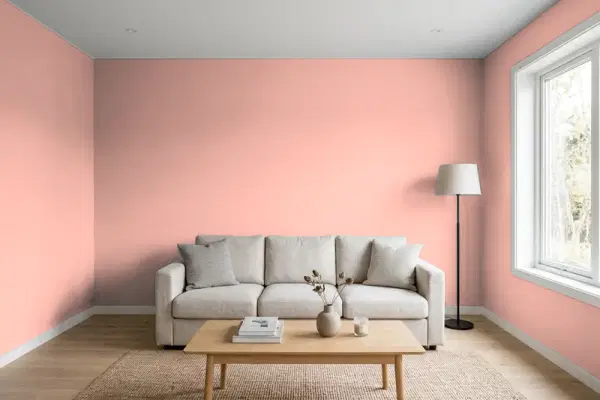 Living room with walls painted Behr Rose Linen 180C-3 (simulated)