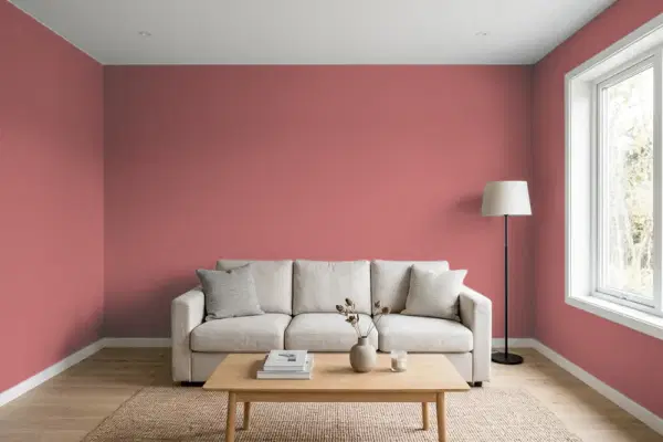 Living room with walls painted Behr Rose Marquee PPU1-06 (simulated)