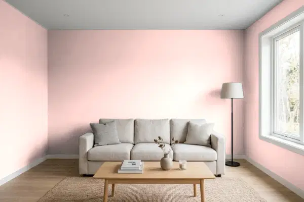 Living room with walls painted Benjamin Moore Rose Petal 2010-60 (simulated)