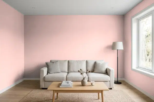 Living room with walls painted PPG Paints Rose Petal 1057-3 (simulated)