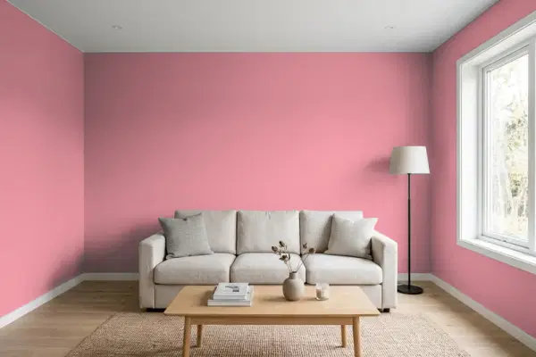 Living room with walls painted Behr Rose Sachet 130D-4 (simulated)