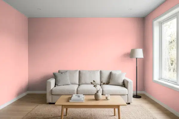 Living room with walls painted Behr Rose Silk 160C-3 (simulated)