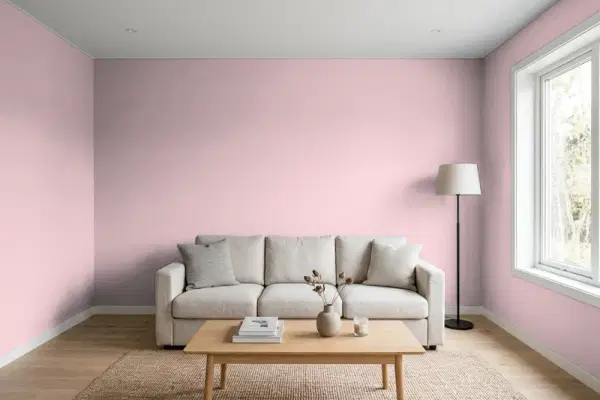 Living room with walls painted PPG Paints Rose Stain 1048-4 (simulated)