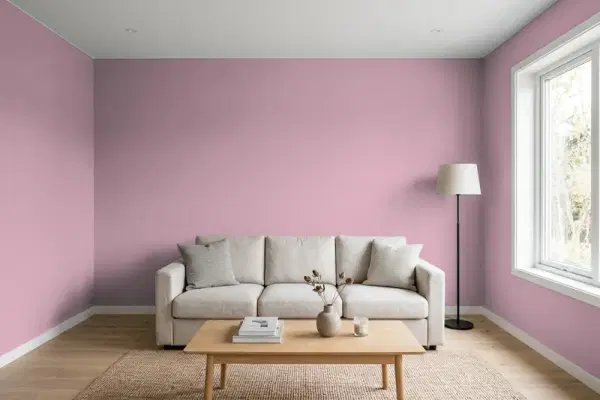 Living room with walls painted Sherwin-Williams Rosé SW 6290 (simulated)