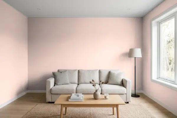 Living room with walls painted Behr Rosewater S170-2 (simulated)