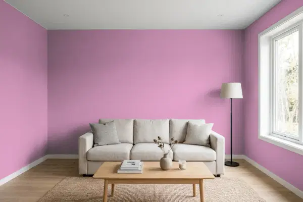 Living room with walls painted Behr Rosy M120-5 (simulated)