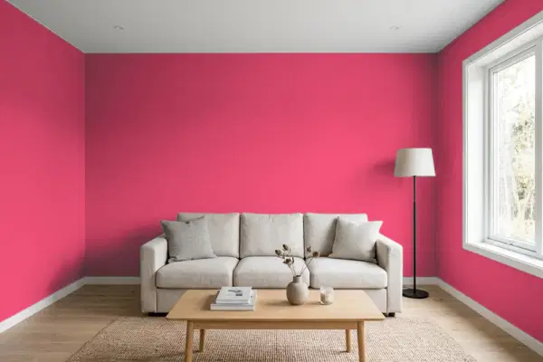 Living room with walls painted Benjamin Moore Rosy Blush 2086-30 (simulated)
