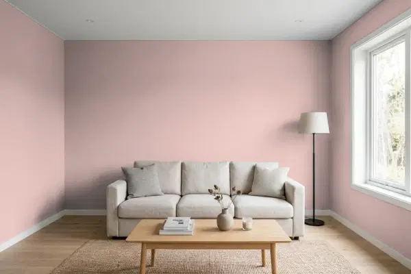 Living room with walls painted Behr Rosy Tan 130E-3 (simulated)