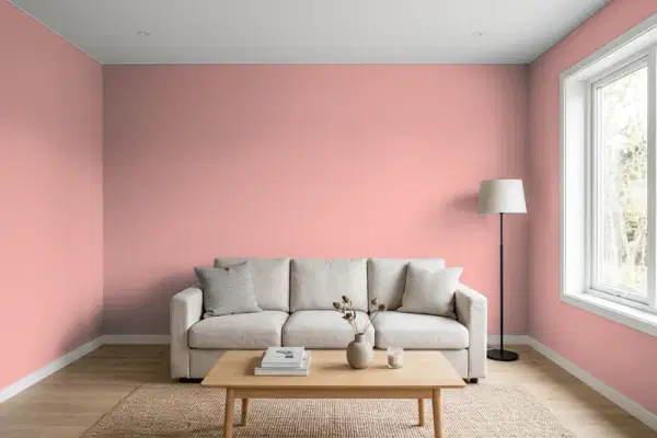 Living room with walls painted Benjamin Moore Rosy Tan 2091-50 (simulated)