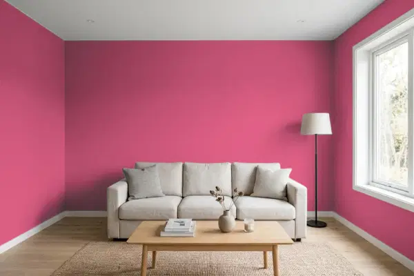 Living room with walls painted Benjamin Moore Royal Fuchsia 2078-30 (simulated)