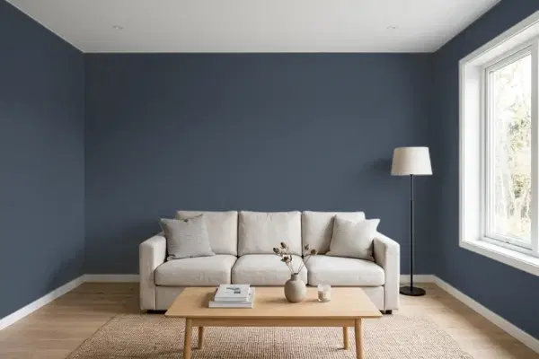 Living room with walls painted Valspar Royal Navy 4011-4 (simulated)