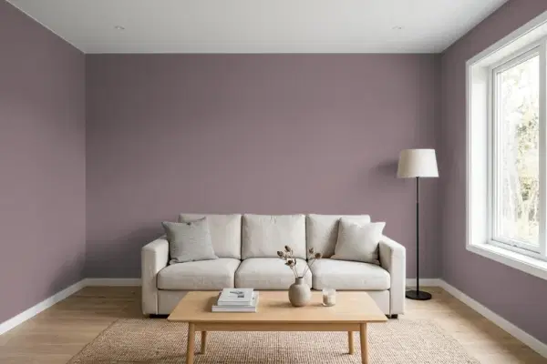Living room with walls painted Behr Royal Raisin N110-5 (simulated)